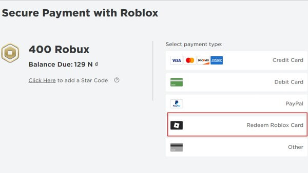 Chọn Redeem Roblox Card