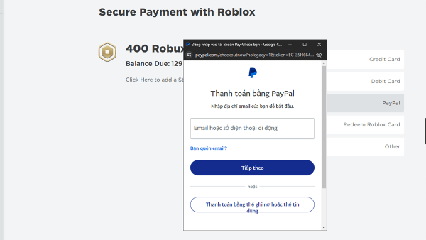 Đăng nhập tài khoản Paypal và xác nhận