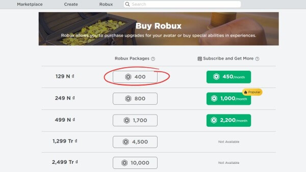 Chọn gói Robux
