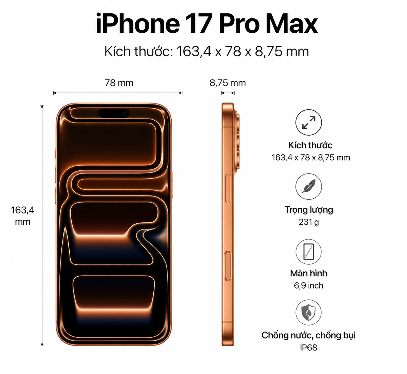 Kích thước và chất liệu iPhone 17 Pro Max