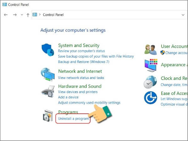 Chọn Uninstall a Program