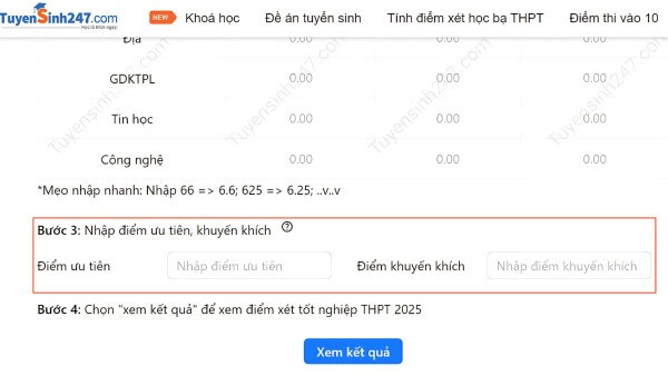Nhập điểm ưu tiên hoặc khuyến khích