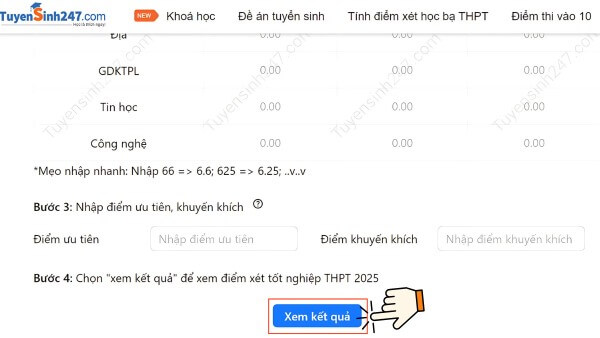 Nhấn Xem kết quả