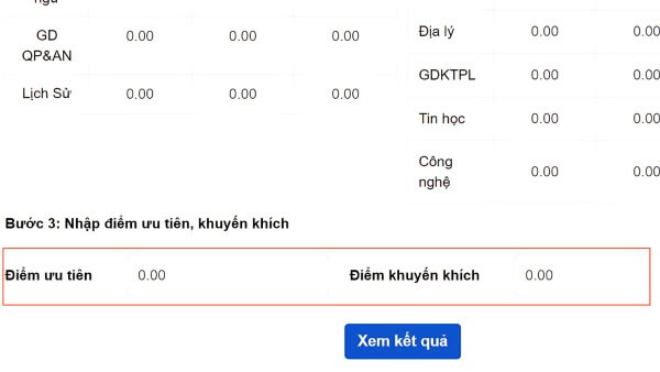 Nhập điểm ưu tiên hoặc điểm khuyến khích nếu có