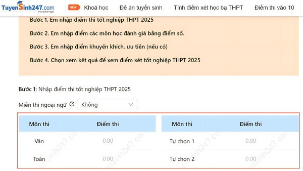 Nhập điểm thi các môn