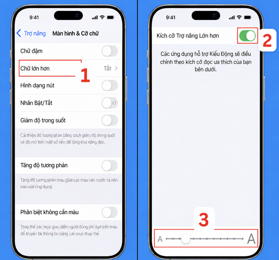 Bật Kích cỡ Trợ năng Lớn hơn để có dải chữ rộng