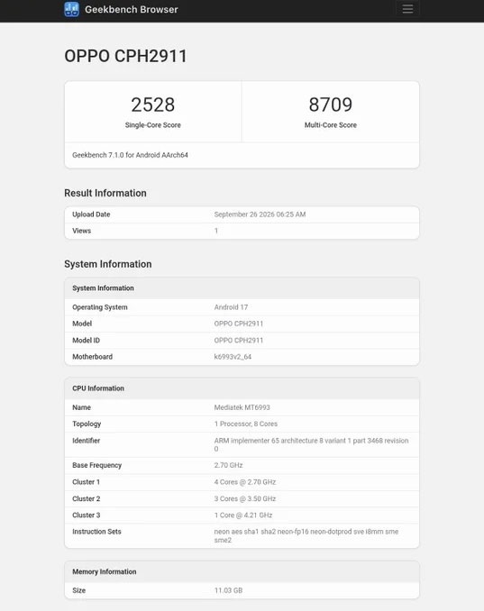 OPPO Find X10 phiên bản quốc tế mang mã model CPH2911 được phát hiện trên Geekbench, đi kèm hệ điều hành Android 17