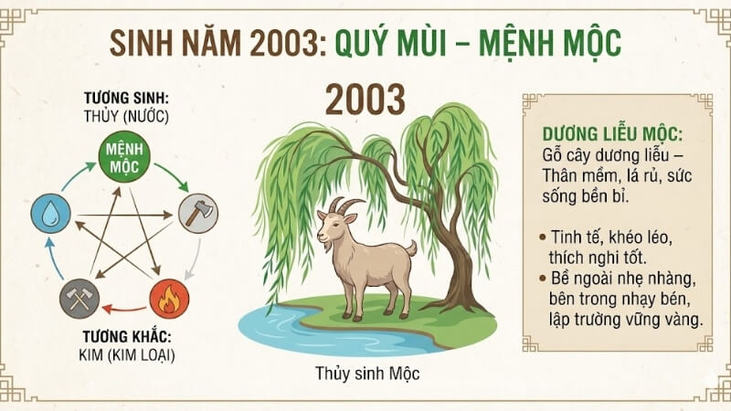 Người sinh năm 2003 tuổi Quý Mùi, thuộc mệnh Mộc (Dương Liễu Mộc)