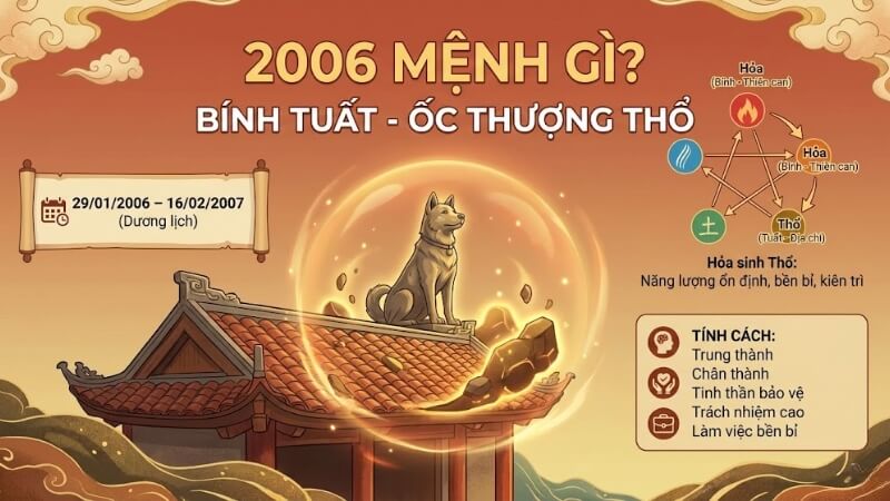 Người sinh năm 2006 tuổi Bính Tuất, thuộc mệnh Thổ (Ốc Thượng Thổ)