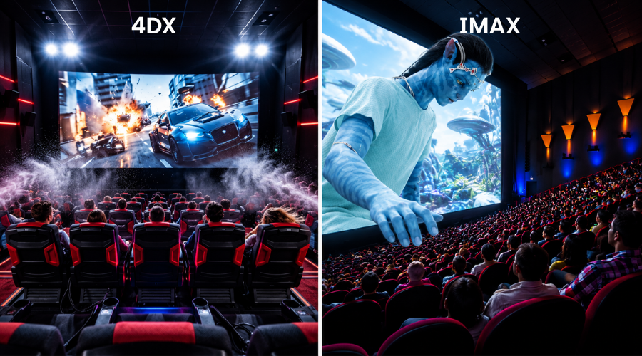 4DX tạo cảm giác nhập vai bằng rung, nghiêng, gió và nước, còn IMAX tập trung vào hình ảnh và âm thanh.
