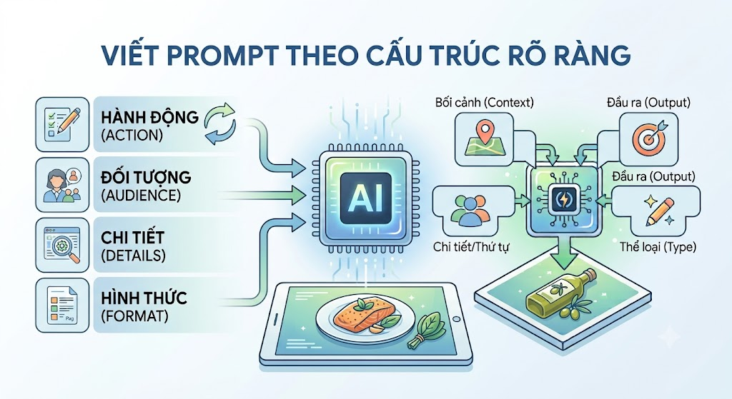 Viết prompt theo cấu trúc rõ ràng: Hành động, đối tượng, chi tiết và hình thức