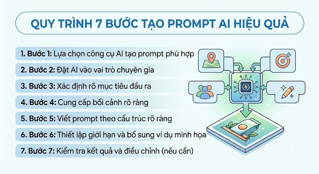 Quy trình sử dujngg công cụ AI tạo prompt hiệu quả gồm 6 bước cơ bản
