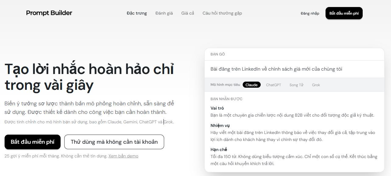 PromptBuilder là công cụ tạo và tối ưu hóa câu lệnh AI theo từng mô hình cụ thể