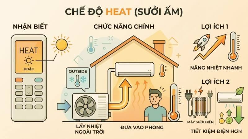 Chế độ sưởi ấm HEAT được tích hợp trên các mẫu điều hòa 2 chiều
