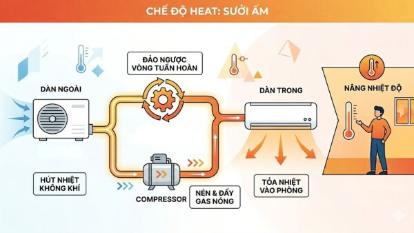 Tìm hiểu nguyên lý hoạt động của chế độ sưởi ấm trên điều hòa