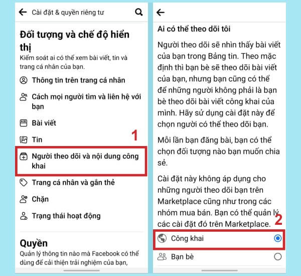 Chọn Công khai tại mục Người theo dõi và nội dung công khai