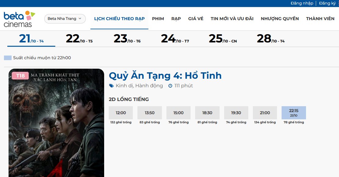Beta Nha Trang cập nhật lịch chiếu phim trên website Beta Cinemas