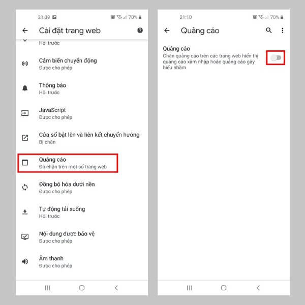 Nhấn tắt mục Quảng cáo
