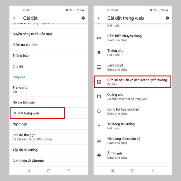 Chọn Cài đặt trang web