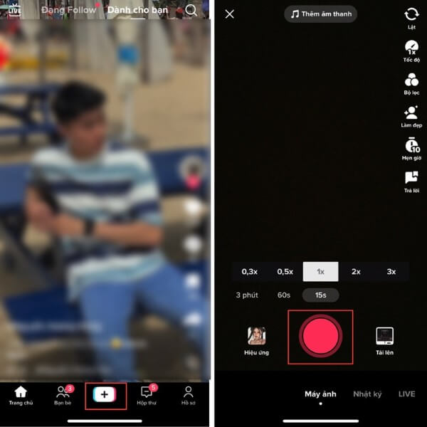 Chọn video trong thư viện hoặc quay trực tiếp bằng camera TikTok