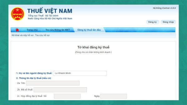 Chọn Nộp hồ sơ đăng ký thuế