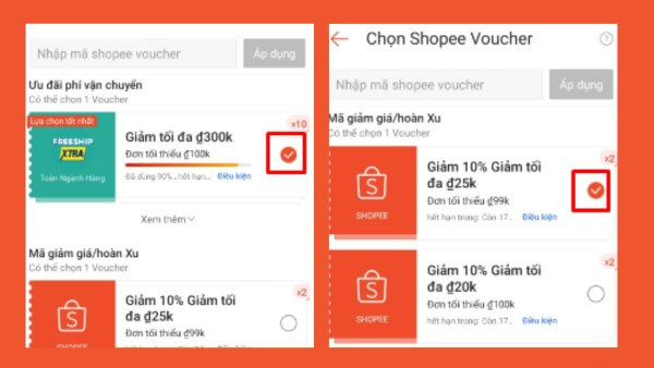 Chọn mục voucher tại trang thanh toán