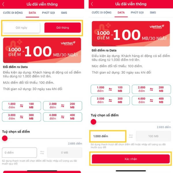 Chọn số điểm muốn quy đổi và xác nhận giao dịch