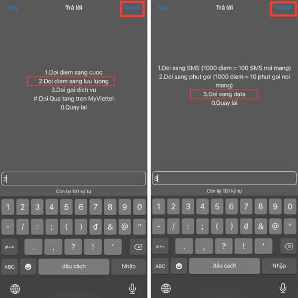 Chọn chức năng đổi sang data