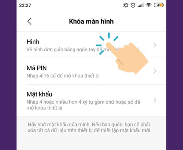 Chọn phương thức khóa muốn thiết lập