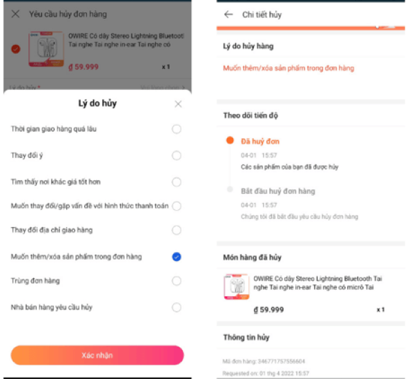 Chọn “Lý do hủy” phù hợp và nhấn xác nhận