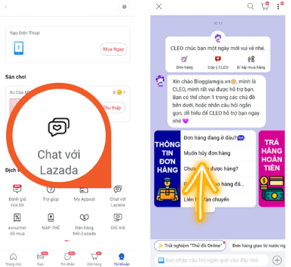 Nhắn tin qua kênh hỗ trợ trực tuyến của Lazada