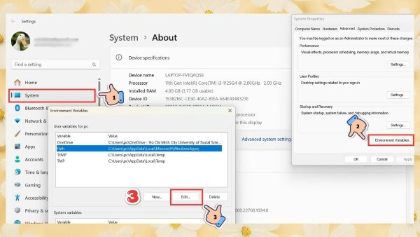 Mở System → Advanced system settings → Environment Variables