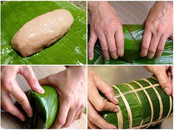 Tiến hành gói chả lụa bằng lá chuối