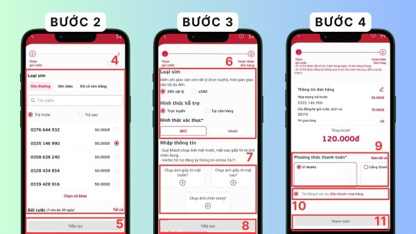 Chọn hình thức SIM và phương thức hỗ trợ rồi thanh toán
