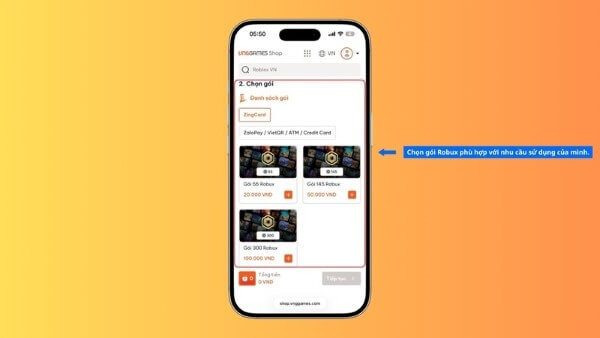 Chọn gói Robux và kiểm tra số lượng Robux