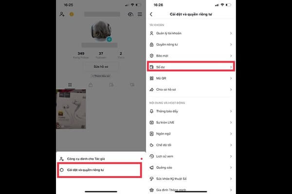 Nhấn Cài đặt và quyền riêng tư