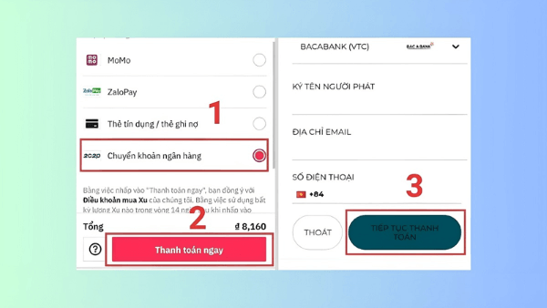 Cách thức nạp xu qua tài khoản ngân hàng