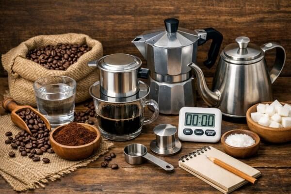 Các nguyên liệu và dụng cụ cần chuẩn bị khi pha cà phê phin