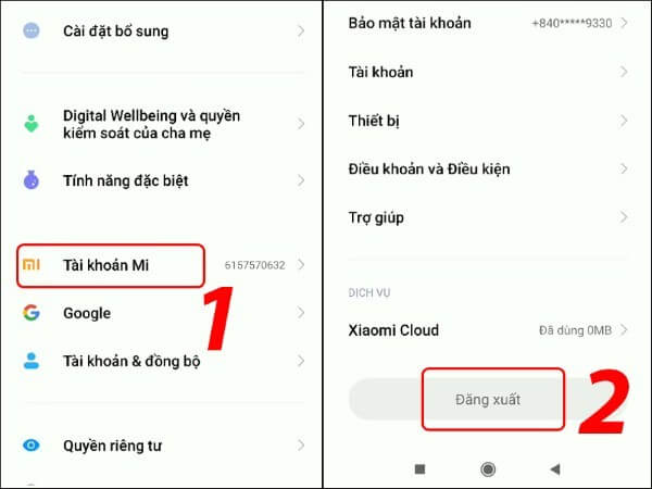 Chọn tài khoản Xiaomi → chọn đăng xuất