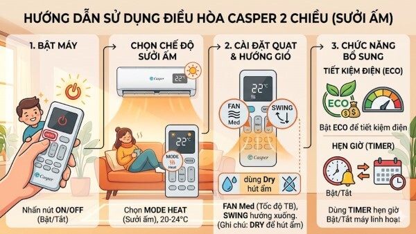 Nhấn MODE và chọn chế độ HEAT
