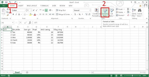 Chọn Format as Table