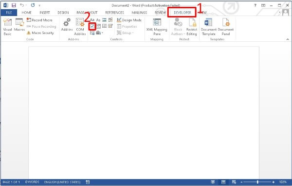 Nhấn biểu tượng Check Box Content Control