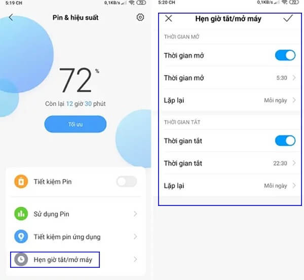 Tùy chọn cài đặt Thời gian tắt/mở máy