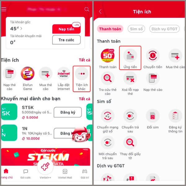 Chọn mục Ứng tiền