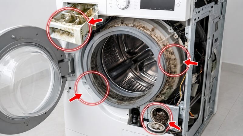 Các bộ phận trên máy giặt dễ bám bẩn cần vệ sinh định kỳ