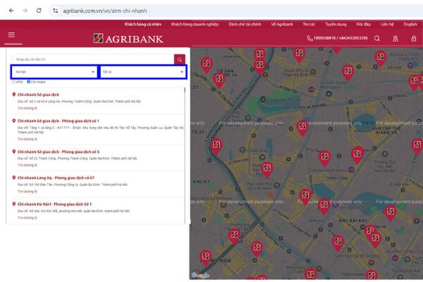 Tìm kiếm thông tin phòng giao dịch trên website Agribank