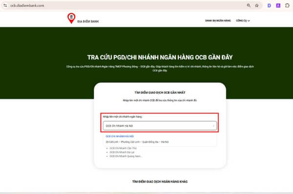 Chọn tỉnh hoặc thành phố muốn tìm kiếm chi nhánh