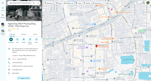 Sử dụng Google Maps để tra cứu chi nhánh OCB gần vị trí hiện tại