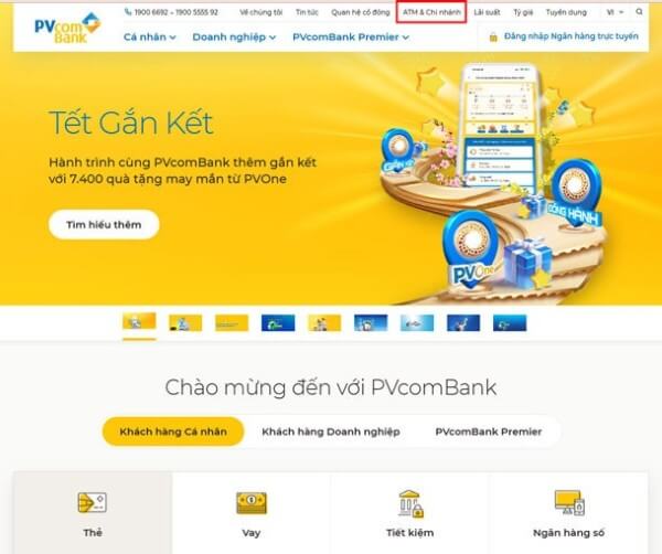 Truy cập Website PVcomBank và chọn mục ATM & Chi nhánh