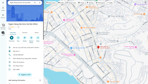 Cách xem chi nhánh ngân hàng SHB bằng Google Maps đơn giản